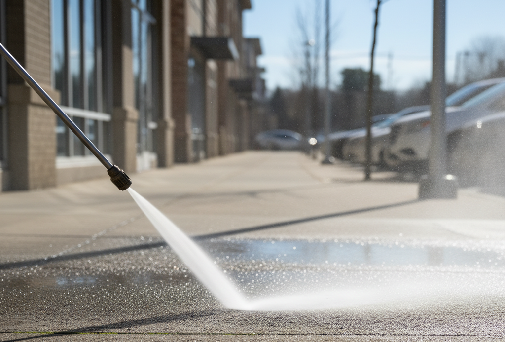 pressure washing commercial space sidewalks