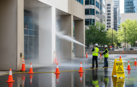 pressure washing the exteior of commercial building for safety